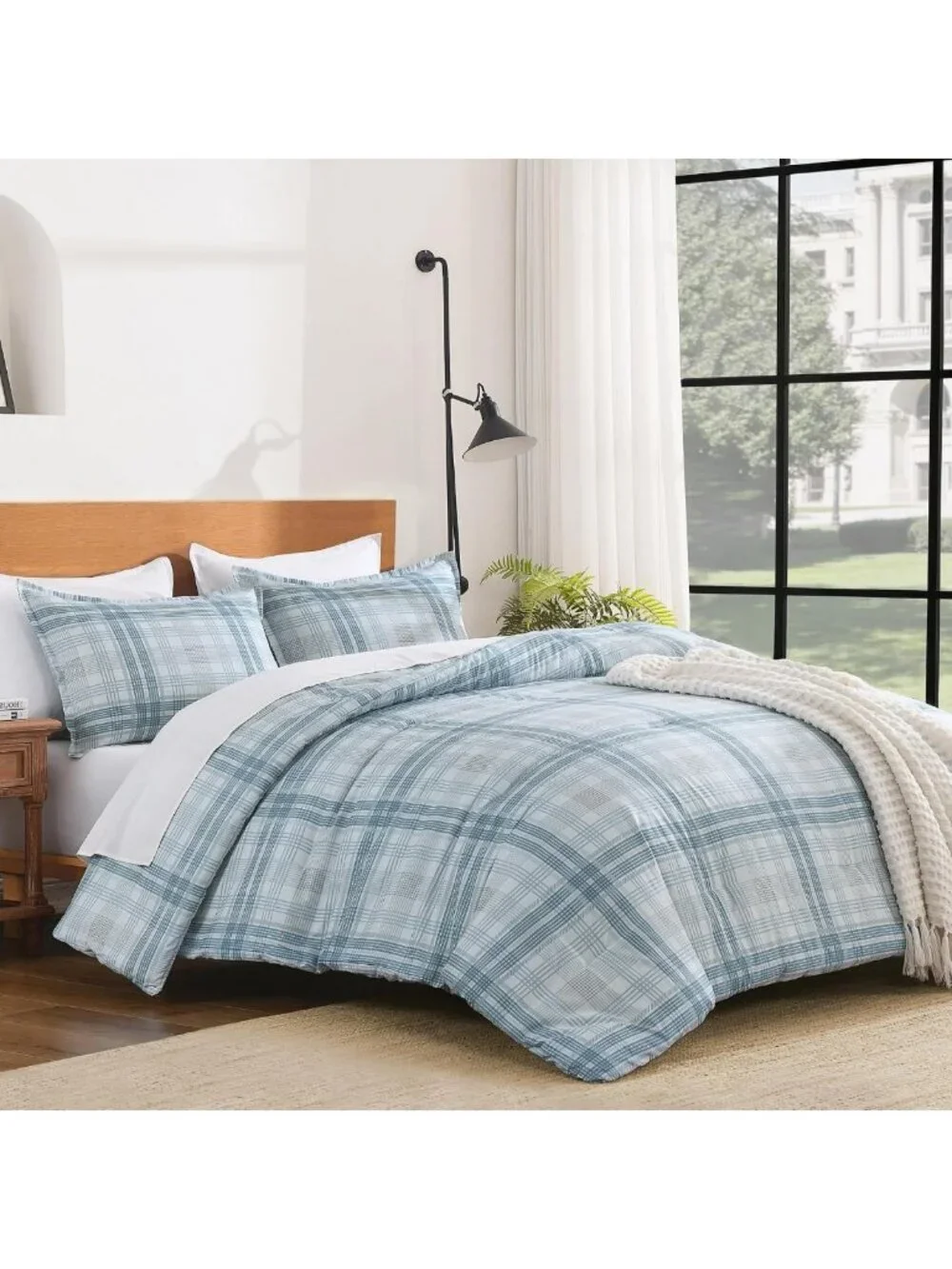 Cozy Blue Plaid Comforter Set Full Size | Gingham Checkered Bedding Ensemble